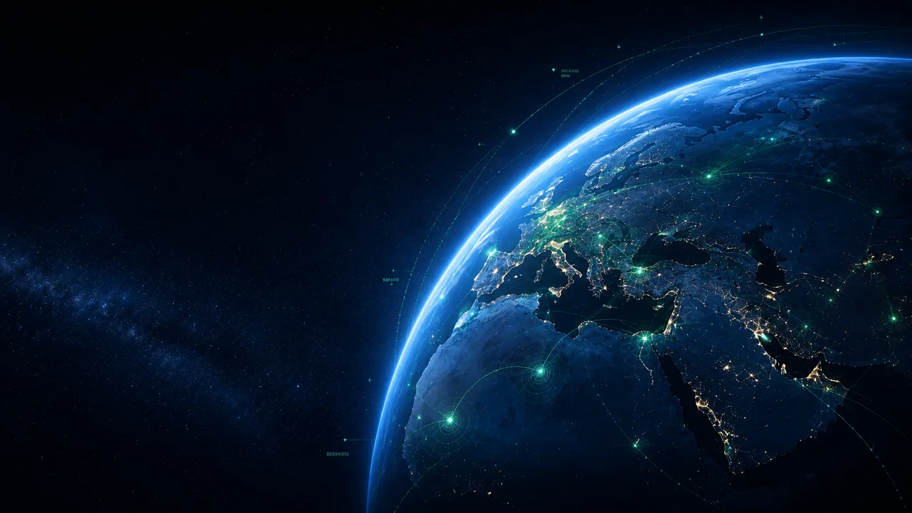 Global distribution — earth view of network arcs spanning continents